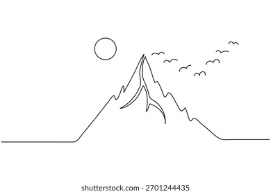 Montanha paisagem uma arte de linha com pinheiros no fundo branco design minimalista