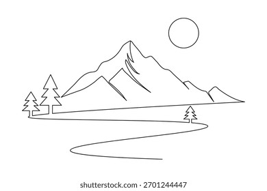 Mountain landscape one line art with pine trees on white background minimalist design