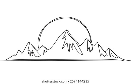 Mountain landscape one line continuous. Mountain and sun line art. Hand drawn vector art.