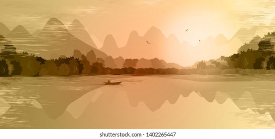 Mountain landscape in orange colors. Mountains, hills, forest, mountain lake or river, a lonely man in a boat fishes. Three birds fly over the mountains. Foggy morning. Outdoor recreation.  Vector