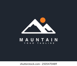 Mountain Landscape. Outdoor travel and adventure vintage logo. Outdoor hiking adventure mountain and sun logo design.