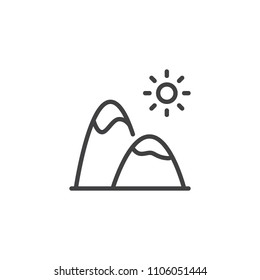 Mountain landscape outline icon. linear style sign for mobile concept and web design. Mountain peaks and sun simple line vector icon. Symbol, logo illustration. Pixel perfect vector graphics