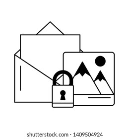 mountain landscape padlock and envelope icon cartoon vector illustration graphic design black and white