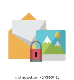 mountain landscape padlock and envelope icon cartoon vector illustration graphic design