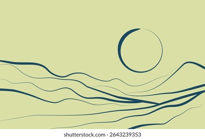 Mountain landscape painting illustration with line art pattern. Abstract contemporary aesthetic backgrounds landscapes.