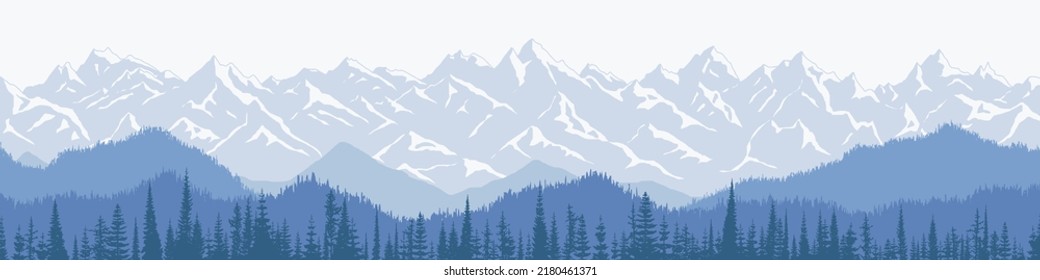 Mountain landscape, panoramic view of ridges and forest in fog, vector illustration