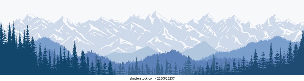 Mountain landscape, panoramic view of ridges and forest in fog, vector illustration