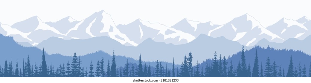 Paisaje montañoso, vista panorámica de las cordilleras y bosques en la niebla, ilustración vectorial