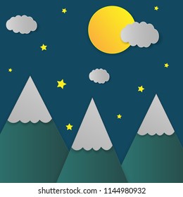 Mountain landscape paper illustration. Cloud, star, moon sky Vector eps 10