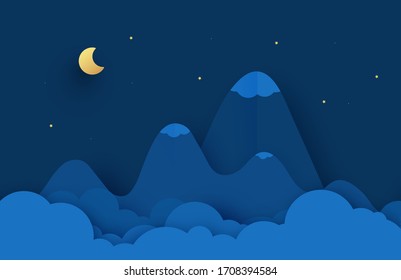 Mountain landscape paper illustration. Cloud, star, moon sky Vector eps 10