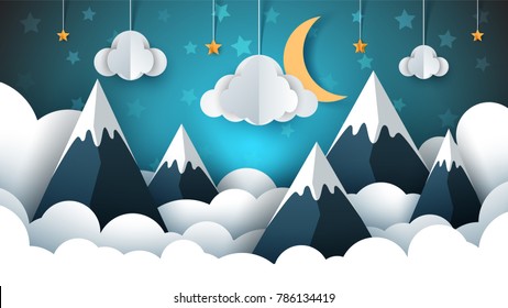 Mountain landscape paper illustration. Cloud, star, moon sky Vector eps 10