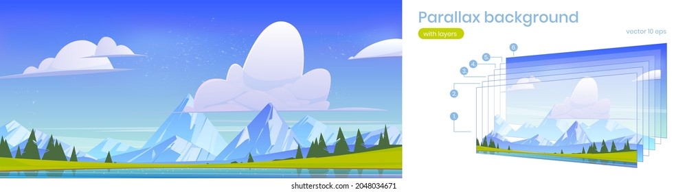 Mountain landscape, parallax nature 2d background. Rocky peaks, pond, green field and spruces under blue cloudy sky. Cartoon scenery view with separated layers for game scene, Vector illustration