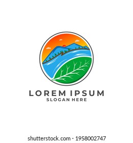 Mountain landscape, peak river creek and leaf logo vector template