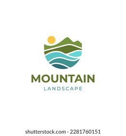 Mountain landscape, peak river creek logo design vector illustration template