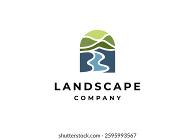 Mountain landscape, peak river creek outdoor logo vector template with flat nature environment style