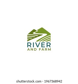 Mountain landscape, peak, river and farm logo vector template