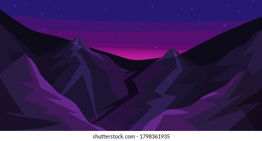 Mountain Landscape with Peaks and Night Starry Sky Vector Illustration