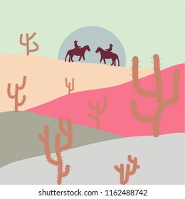 Mountain landscape peaks on sunset on panoramic view. Beautiful rocks sand desert, dune of the huge sizes. Vector. Watercolor hand drawn painting illustration on neutral, gray and pink background.