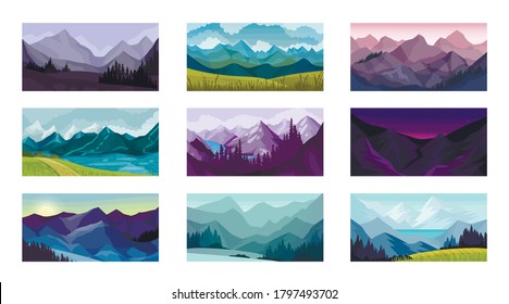 Mountain Landscape with Peaks and Rocky Hills Vector Illustration Set