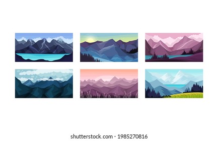 Mountain Landscape with Peaks and Rocky Hills Vector Illustration Set.