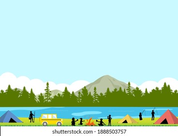 mountain landscape and people enjoying camp fire fishing