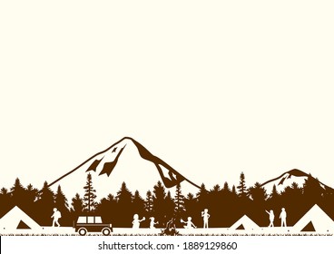 mountain landscape and people enjoying camp fire