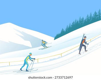 Berglandschaft mit Menschen, die Wintersport Skibergsteigen praktizieren. Sportler steigen ab, klettern mit Stöcken und tragen Ski bergauf. Schneebedeckte Gipfel und immergrüner Wald markieren das alpine Abenteuer.