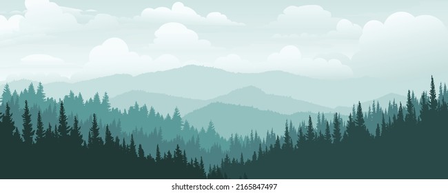 
Mountain landscape with pine forest, cloudy sky over mountains in the morning.
