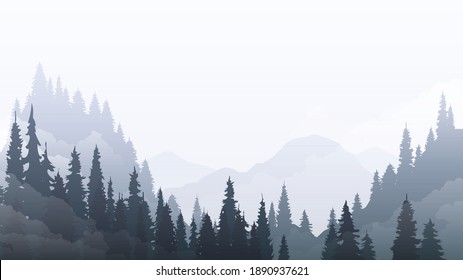 Mountain landscape with pine forest and fog
