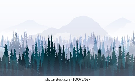 Paisaje montañoso con bosque de pinos y niebla