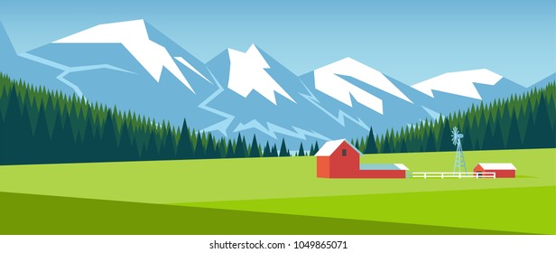 Mountain landscape with pine forest and green meadow on which stands a small farm. Farm on the field in the mountains vector illustration