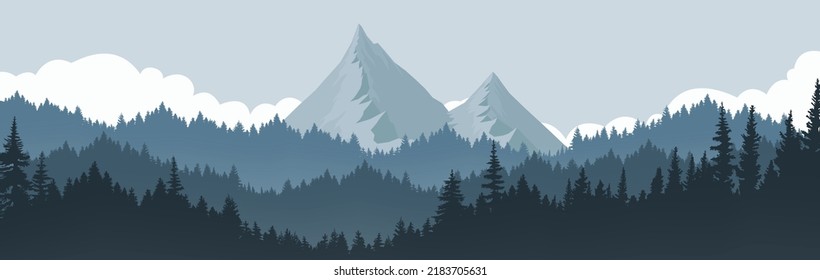 paisaje montañoso y bosque de pinos con montañas y cielo como telón de fondo por la mañana. Ilustración vectorial de la naturaleza.