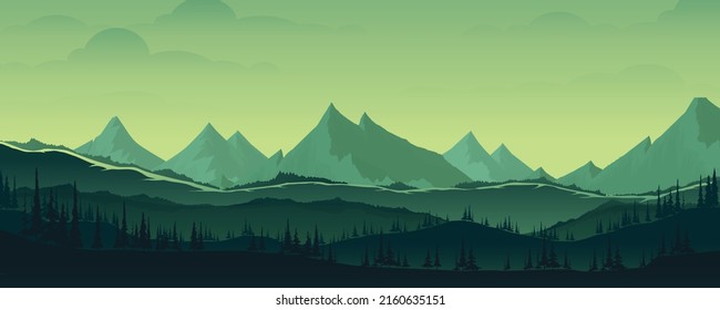 Mountain landscape and pine forest. Nature vector image.