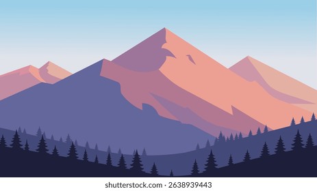 Mountain landscape with pine forest and soft pastel colors in sky at dawn
