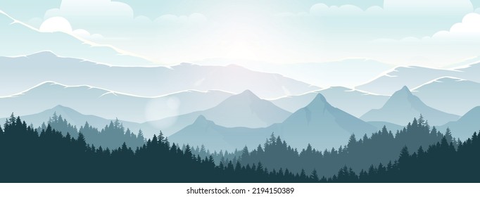 Mountain landscape and pine forest under the morning sky.