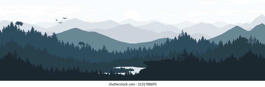 Mountain landscape and pine forest vector illustration in the morning