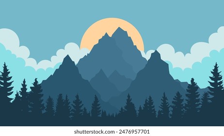 Mountain landscape and pine forest. Vector illustration