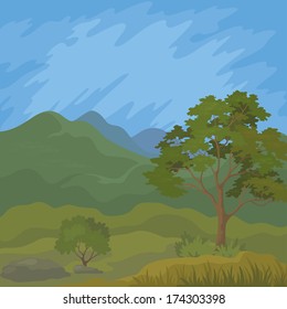 Mountain landscape with pine tree and blue sky. Vector