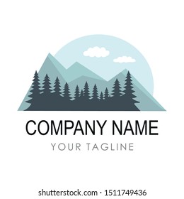 Mountain landscape, and Pine tree Label design. Vector Illustration
