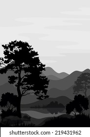 Mountain landscape with pine tree and lake, grey and black silhouettes. Vector