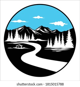 paisaje montañoso con lagos de pinos y cabaña en el fondo de antiniebla artístico o imagen