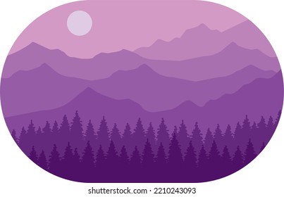 Mountain landscape with pine trees in purple shades is inscribed in an oval. Vector illustration