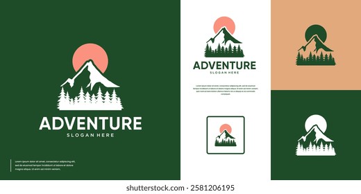 mountain landscape with pine trees and sun , outdoor adventure , graphic vector design.