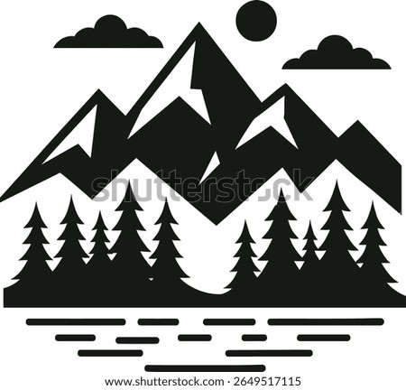 Mountain Landscape with Pine Trees, Sun, Clouds, and Lake