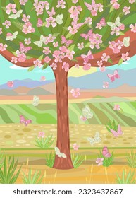 mountain landscape with a plain and a blooming pink tree. vector illustration of nature. spring scenery with sunrise and flying butterflies