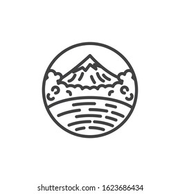 Mountain landscape with pond line icon. linear style sign for mobile concept and web design. Snowy mountain peak and clouds outline vector icon. Symbol, logo illustration. Vector graphics