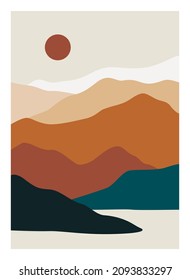 Mountain landscape poster. Abstract nature background, contemporary hills, lake sea moon sun, vector wall art for print