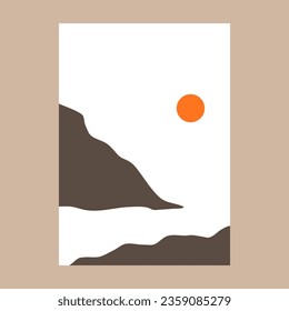 Mountain landscape poster design. Natural abstract backgrounds, hills, sun, silhouettes. Vector illustration