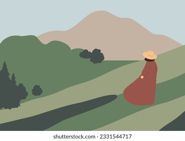 mountain landscape poster illustration clipart, vector travel road trip printable clip art, hiking in mountain scene images in flat style, tourist couple woman rock forest outdoor journey