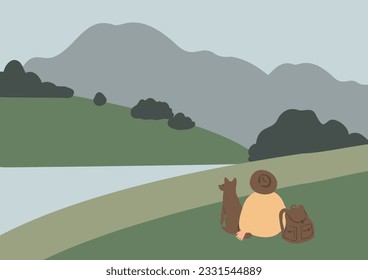 mountain landscape poster illustration clipart, vector travel road trip printable clip art, hiking in mountain scene images in flat style, tourist couple woman rock forest outdoor journey